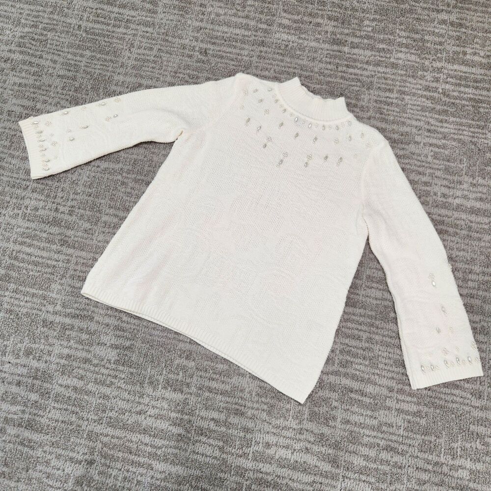 Chicos Ivory Beaded Neck Knit Sweater Women's Size 2 L Pearl Gem Embellished